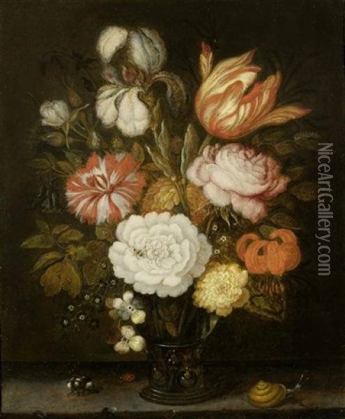 Blumenstrauss In Einem Romer Auf Einer Tischplatte Mit Kleiner Schnecke, Biene Und Marienkafer Oil Painting - Balthasar Van Der Ast