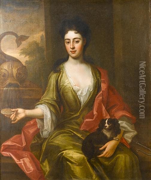 Portrait Of A Lady, Said To Be 
Elizabeth Gurney, Seated Three-quarter-length, In A Green Dress With A 
Red Wrap, A Spaniel On Her Lap, At A Fountain Oil Painting - Michael Dahl
