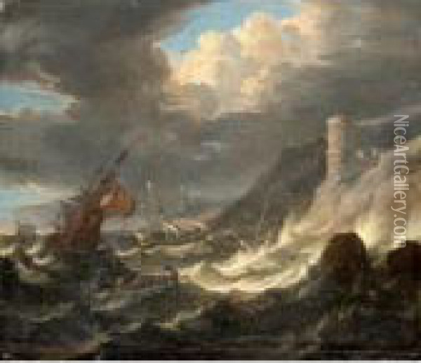 Shipping Off A Rocky Coast In A Storm Oil Painting - Pieter the Younger Mulier