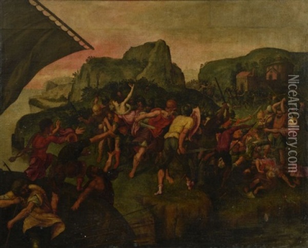 L'enlevement Des Sabines Huile Sur Toile 134 X 169 Cm (restaurations Anciennes Et Accidents Oil Painting - Giuseppe (Salviati) Porta