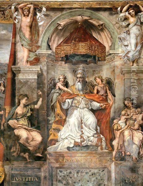 Pope Urban I between Iustitia and Caritas Oil Painting - Raphael