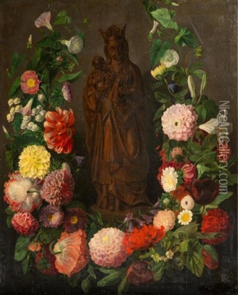 Vierge A L'enfant Dans Une Guirlande De Fleurs Oil Painting - Simon Saint-Jean