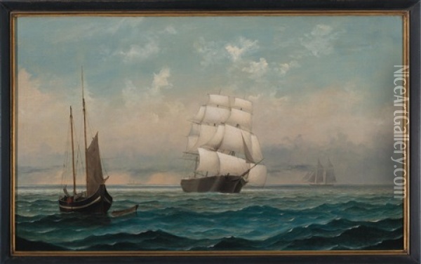 Ship At Sail With Fishing Boat And Schooner Oil Painting - Mary Blood Mellen