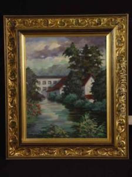 Hauser Am Flussufer Oil Painting - August Ludwig Schmitt