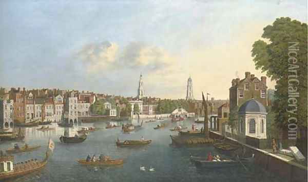 View of the Thames, with the Savoy Palace, Savoy Church, Somerset House, and the spires of St. Mary-le-Strand and St. Clement Danes Oil Painting - English School