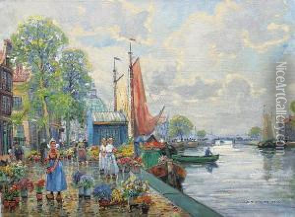 A Flower Market In Amsterdam Oil Painting - F.M. Richter-Reich