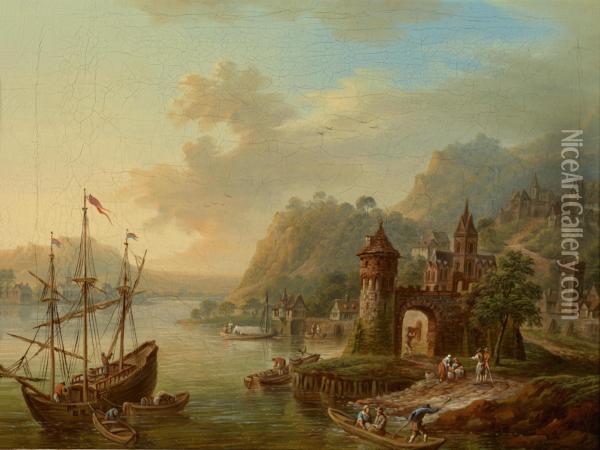 A Rhein River Landscape Oil Painting - Franz Hochecker