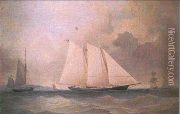 The Celebrated 1851 Schooner America, Shown In Her Trans    Atlantic Ocean Rig And Flying The Ensign Of The N.y. Yacht Oil Painting - Charles Gregory