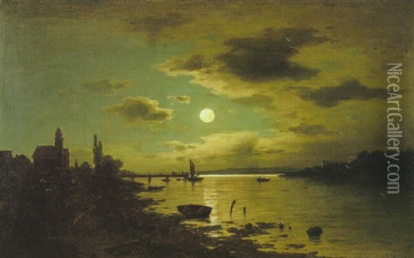 Flusslandschaft Bei Mondlicht (schelde) Oil Painting - Adolf Chwala