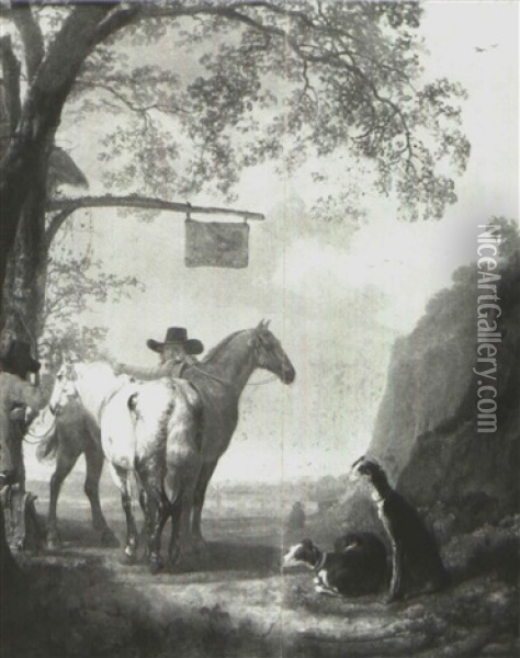 Two Horsemen Before An Inn Oil Painting - Abraham Van Calraet