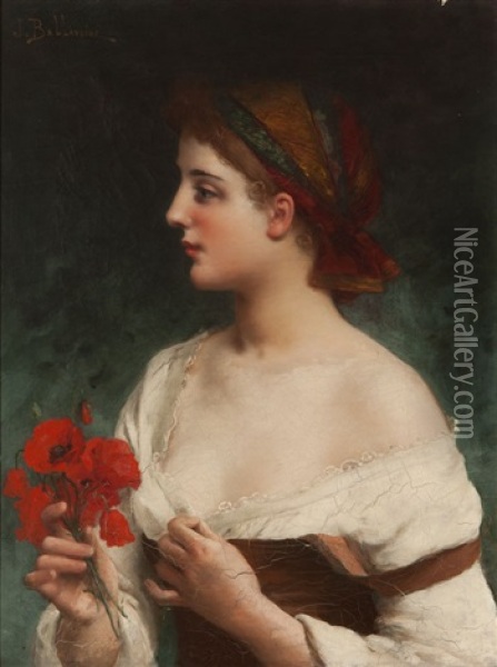 Portrait Of A Young Woman In Profile Holding Poppies Oil Painting - Jules Frederic Ballavoine