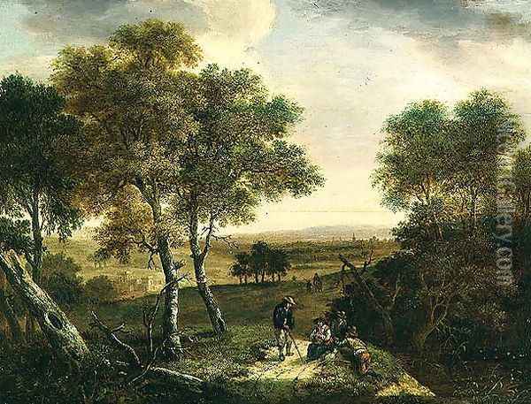 An extensive wooded landscape with peasants by a path, a town beyond Oil Painting - Dionys Verburgh