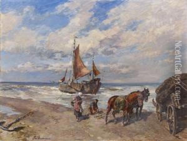 Strandlandschaft Mitfischern Und Pferdewagen Oil Painting - Gregor Von Bochmann