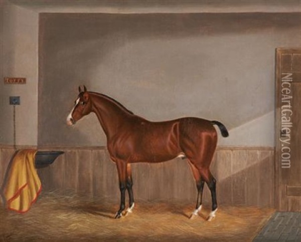 Toffy, A Chestnut Hunter In A Stable And Kaffir (+ A Black Racehorse In A Stable; 2 Works) Oil Painting - Edwin (of Bath) Loder