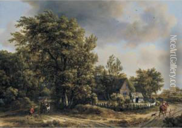 A Wooded Landscape With Travellers On A Track By A Cottage Oil Painting - Meindert Hobbema