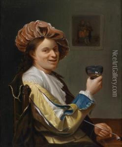 A Young Man With A Wine Glass In Elegantdress Oil Painting - Jan Tilius