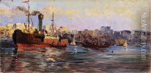 Ships In Istanbul Oil Painting - Sevket Dag