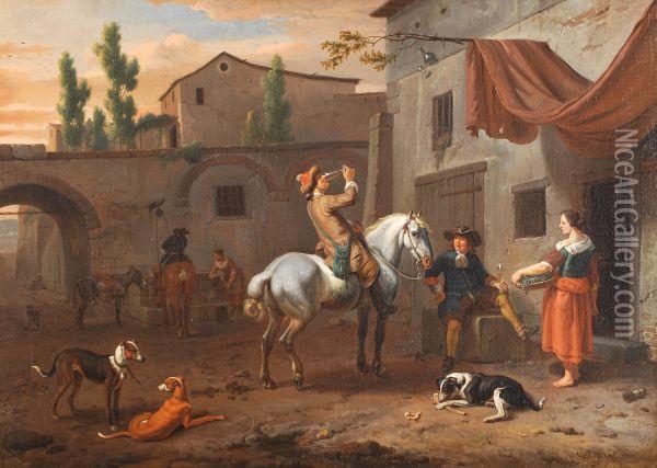 A Traveller Taking Refreshment Outside An Italianate Tavern In A Courtyard Oil Painting - Dirck Maas