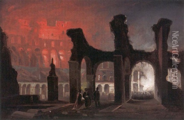 L'incendio Di Roma Oil Painting - Ippolito Caffi