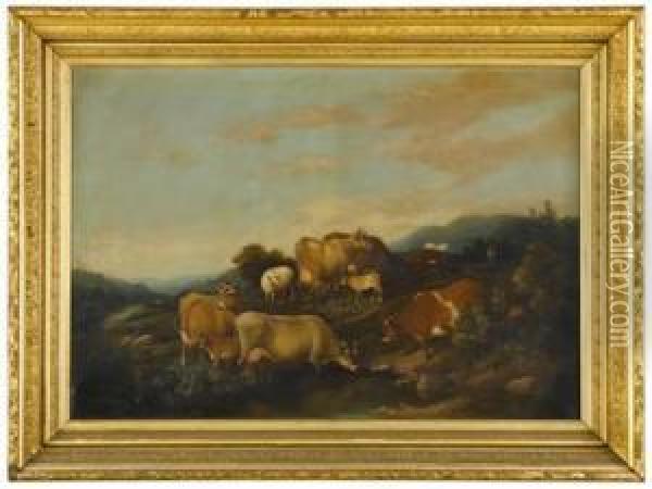Cows And Sheep On A Hillock Oil Painting - Susan C. Waters