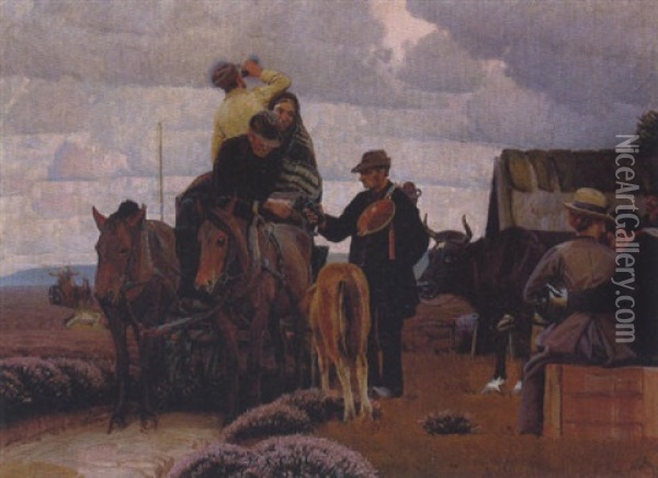 En Vestjydsk Bondefamilie Flytter Oil Painting - Knud Sinding