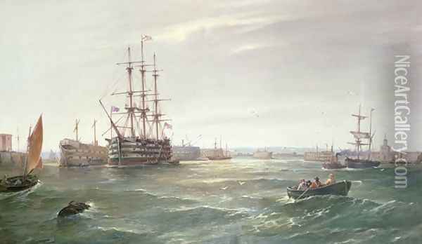 Portsmouth Harbour HMS Victory among the Hulks, 1892 Oil Painting - Robert Ernest Roe