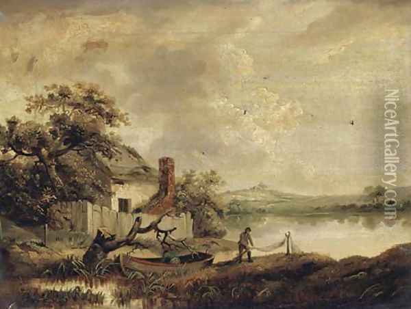 A fisherman sorting his nets by a lakeside cottage Oil Painting - George Morland