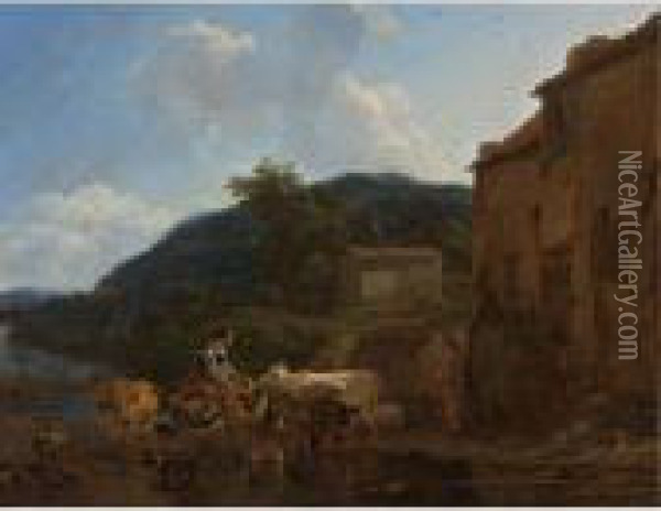 A River Landscape With Cattle, Peasants And Their Horses At A Watering-place Oil Painting - Nicolaes Berchem