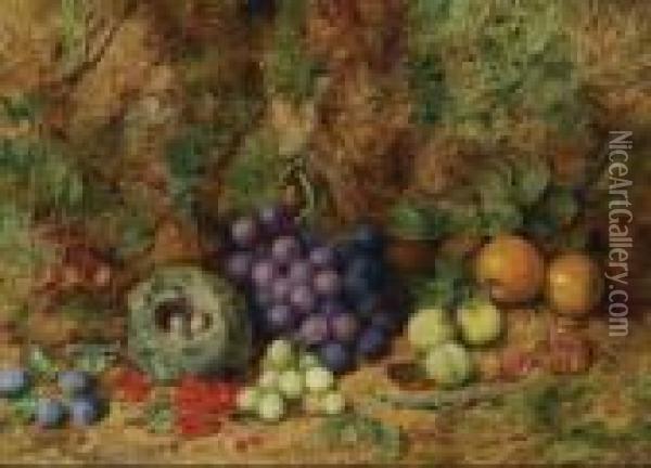 Grapes, Plums, Apples And A Bird's Nest Oil Painting - George Clare