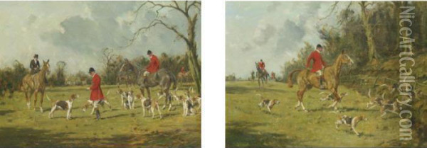 Waiting For Orders And On The Scent: A Pair Of Hunt Scenes Oil Painting - George Wright