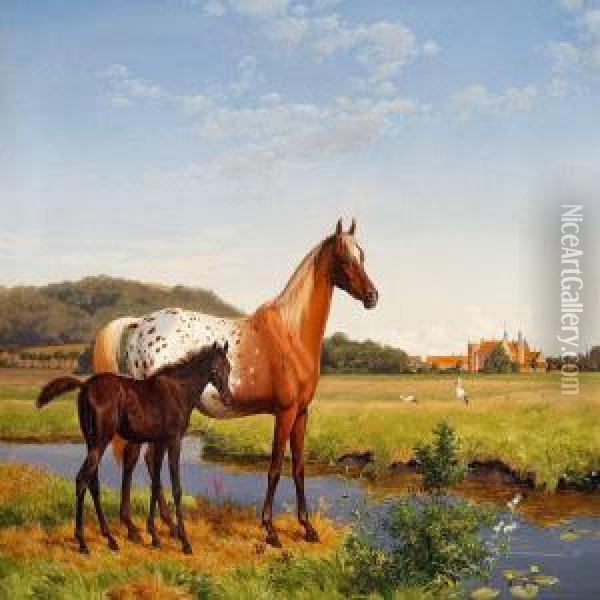 Horses And Storks In The Meadow Near The Manor House Gl Oil Painting - Carl Henrik Bogh