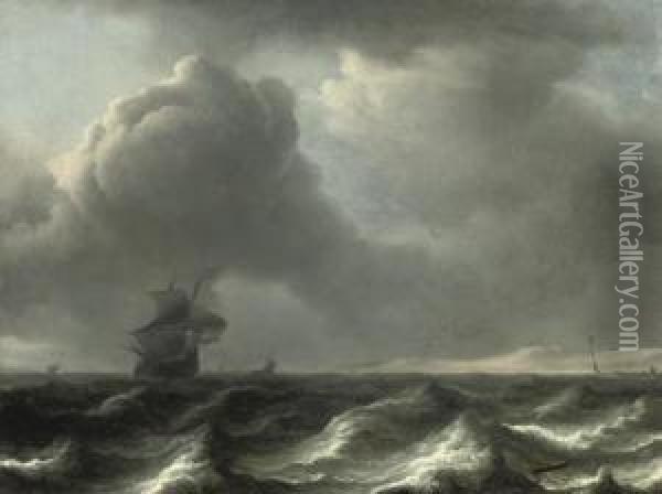 A 'wijdschip' In Choppy Waters, Other Vessels Beyond Oil Painting - Aernout Smit