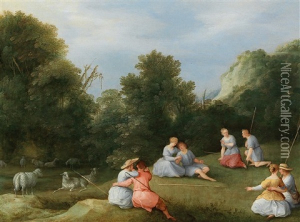 An Arcadian Landscape With Shepherds And Their Flock Oil Painting - Adriaen Van Stalbemt