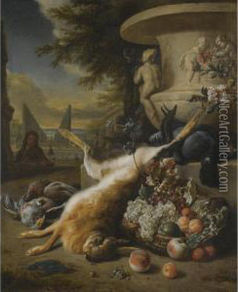 A Still Life Of Game Birds, Grouse, A Hare And A Kingfisher, With A Basket Of Fruit At The Foot Of A Stone Urn, An Ornamental Garden With A Fountain Beyond Oil Painting - Jan Weenix
