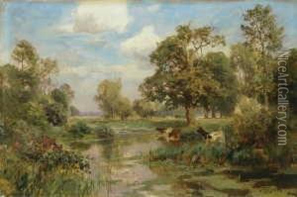Baumbestandene Flusslandschaft Mit Kuhen Am Wasser. Oil Painting - Heinrich Bohmer