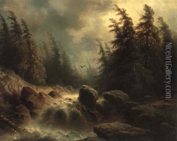 Alpine Landscape With Rapids Oil Painting - Albert Rieger