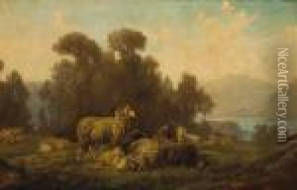 A Flock Of Sheep In An Extensive Landscape Oil Painting - Filippo Palizzi
