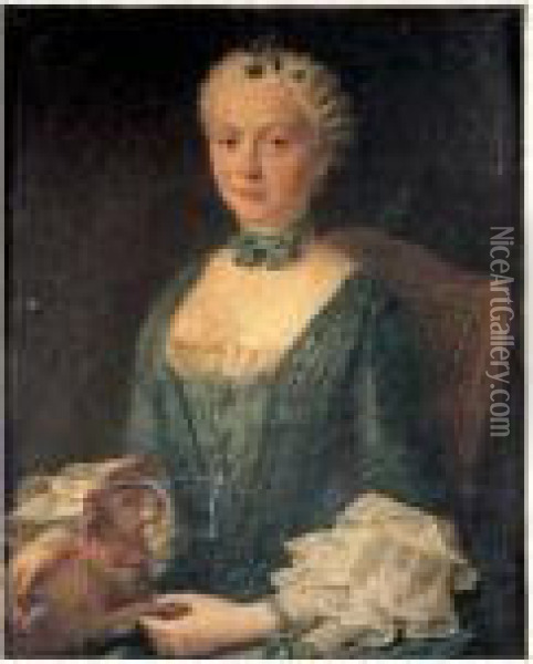 Portrait De Jeune Femme A La Robe Bleue Et Au Petit Chien. Oil Painting - Marianne Loir
