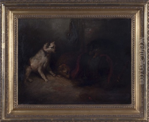 Three Terriers Rattin In A Barn With Green Barrel Oil Painting - George Armfield