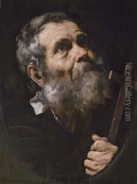 A Saint holding a cross, in a painted oval Oil Painting - Jusepe de Ribera