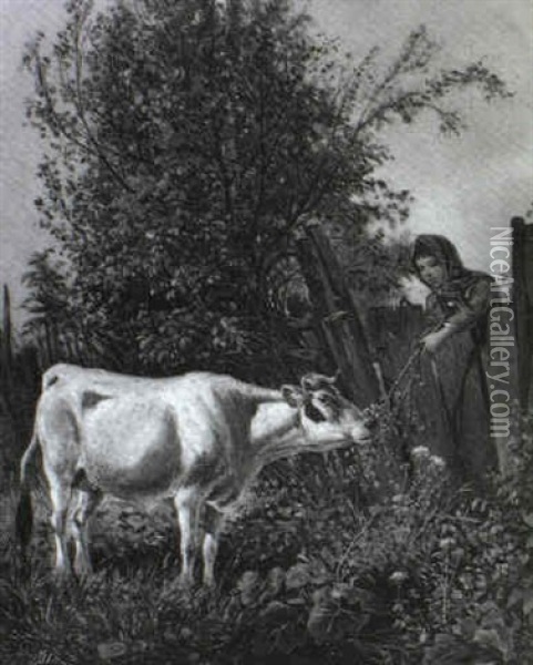 Bauernmadchen Futtert Eine Kuh Oil Painting - Ignaz Ellminger