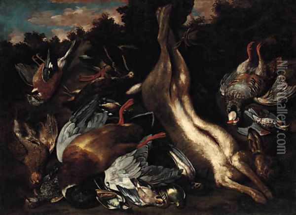 A still life with a hare, a partridge, ducks and other birds in a landscape Oil Painting - Ferdinand Phillip de Hamilton