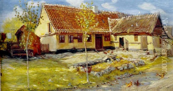 Sommerdag I Rorvig, Gardexterior Med Hons Oil Painting - Theodor Philipsen