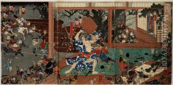Sato Tadanobu Attacked Oil Painting - Utagawa or Ando Hiroshige