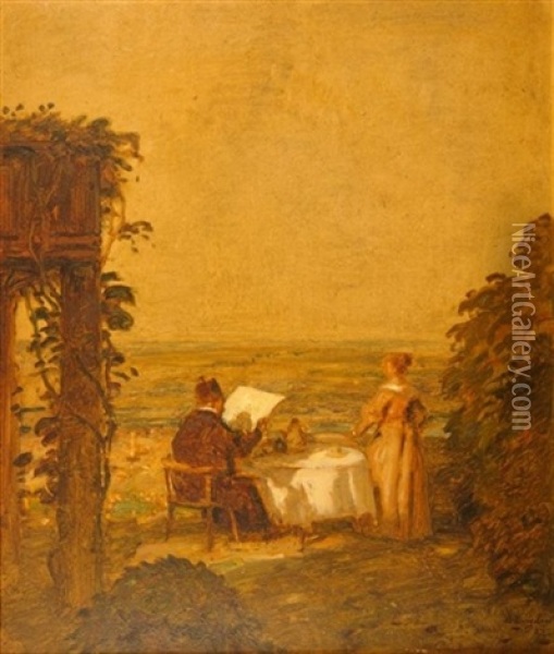Der Ausblick. Paar Am Fruhstuckstisch Im Garten, Auf Weite Landschaft Blickend Oil Painting - Adolf Hengeler