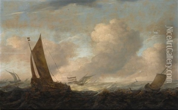 A Smalship And Various Other Shipping On A Rough Sea Oil Painting - Pieter Mulier the Elder
