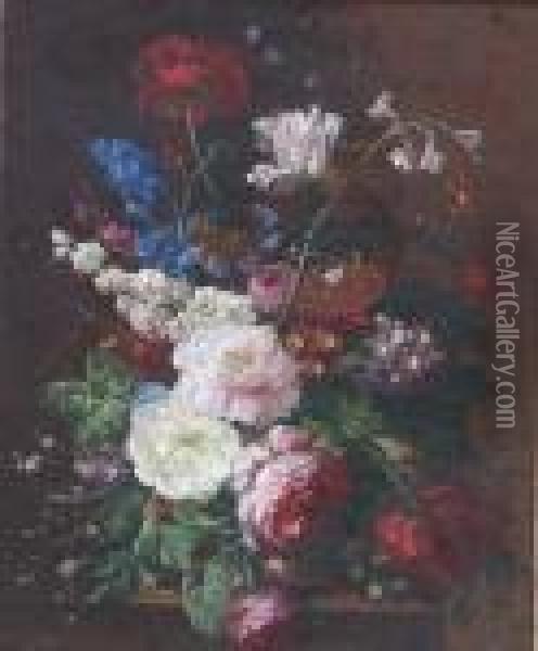 A Basket Of Mixed Flowers Upon A Tableledge Oil Painting - Jean-Baptiste Monnoyer