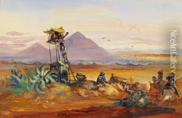 Feldhuter Bei Der Sonnenpyramide Von Teotihuacan Mit Popocatepetl Im Hintergrund Oil Painting - Johann Moritz Rugendas