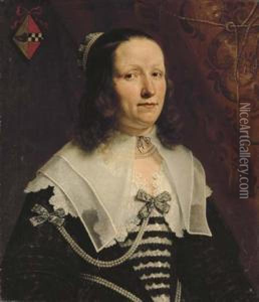 Portrait Of A Lady, Half-length, In A Black Dress With Strings Of Pearls Oil Painting - Bartholomeus Van Der Helst
