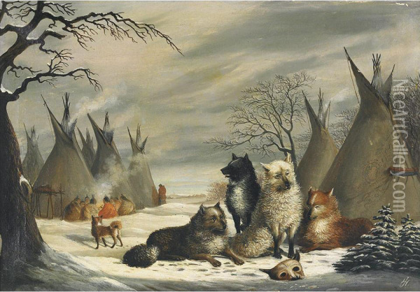 Indian Encampment With Dogs At Rest Oil Painting - Joseph Julius Humme
